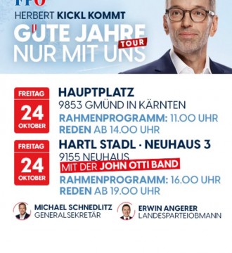Unser Herbert Kickl 💙 kommt nach #Kärnten: Diesen Freitag macht die „Gute Jahre nur mit uns-Tour“ 🇦🇹 zweimal in Kärnten Station