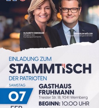 Am 7. Februar findet der nächste #Stammtisch 🍻 der #Patrioten 🇦🇹 im Gasthaus Fruhmann in Wernberg statt